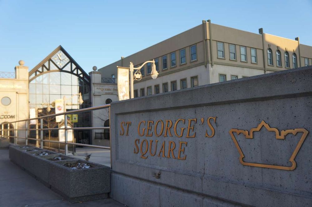 St George's Square sign with the Quebec St. Mall in the background. 