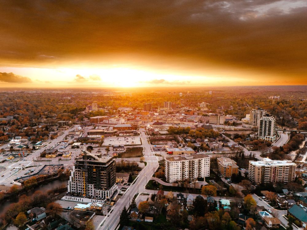 Aerial photo of Downtown Guelph at sunset