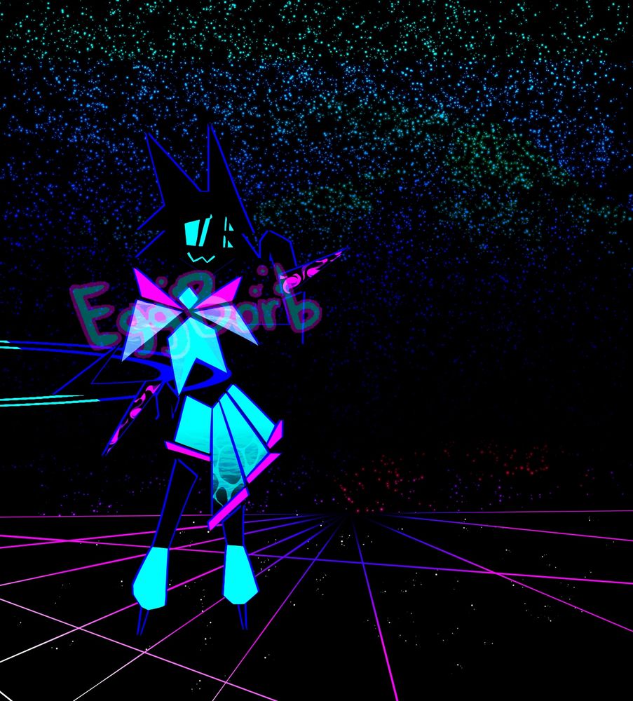 A neon cyan and magenta cat-like character stands next to and rests his arm on a circular table. A magenta grid spans off into the distance as cyan and blue stars litter the skies.