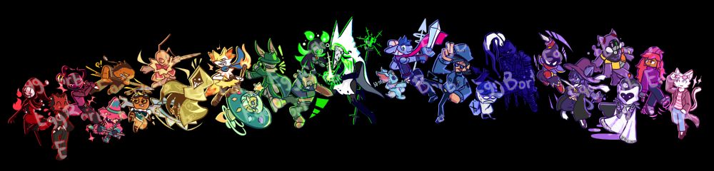 A rainbow of characters from many people, assorted from red to purple.
