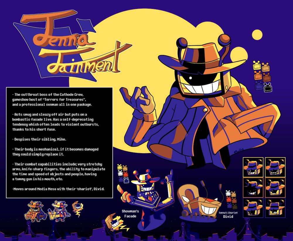 Ref sheet for my "Tenna" design, named Tenna Tainment. Clad in an long, orange pinstripe suit and a spiffy hat. Their head consists of a TV remote and some TV antennae sticking out, and their face is a channel dispaly. 