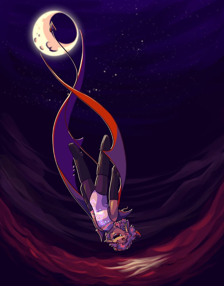 A vampire-imp descends headfirst into a red sea with their wings trailing behind. The sky is illuminated by stars and a bright waning moon.