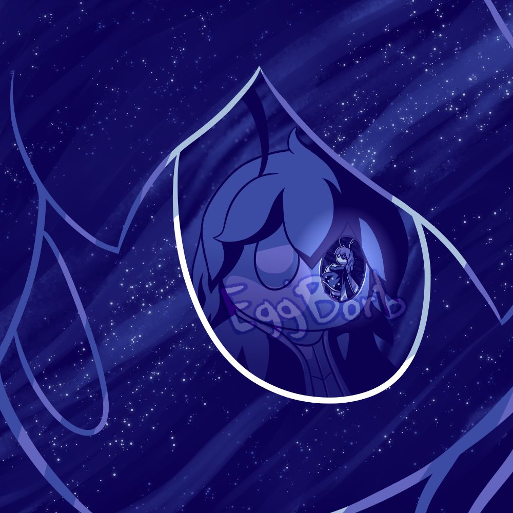 A starry firefly character sits within his own eye, who stands within his own eye once more. Stars fill up the blank space around.