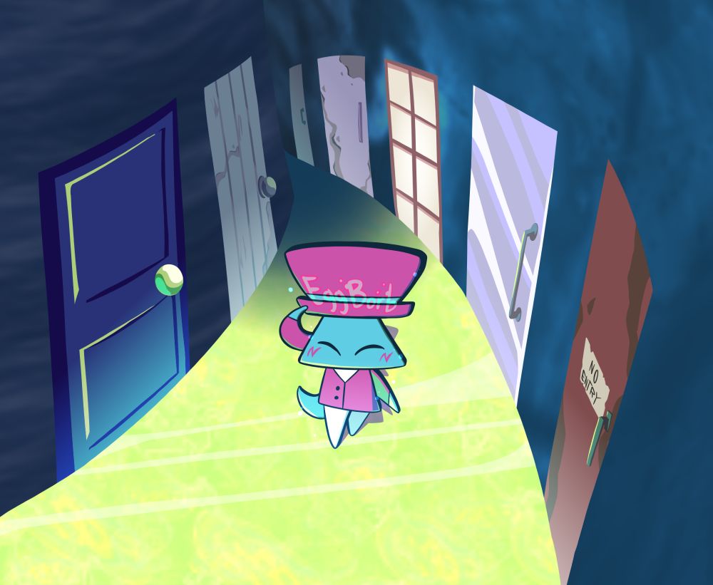 A completely flat creature with a triangular head, pink suit, and a top hat walks along a green hallway with several different doors lining the walls.