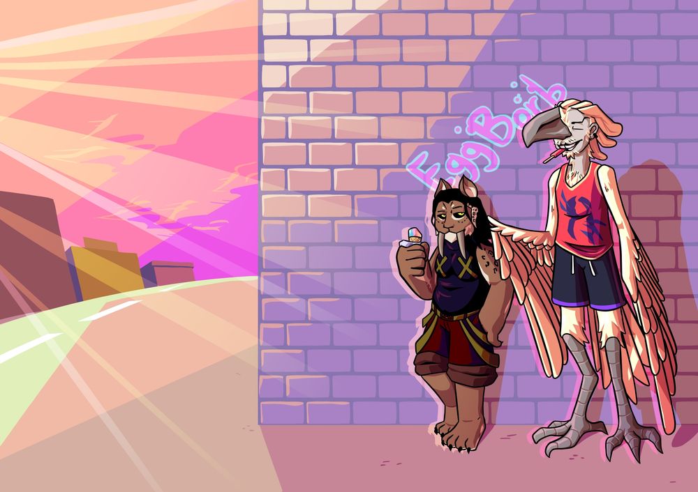 A sabertooth person and thick billed raven person stand alongside a purple brick wall as the sunset casts rays on them. The background consists of a road with some buildings on the side and a light orange to magenta gradient sky.
