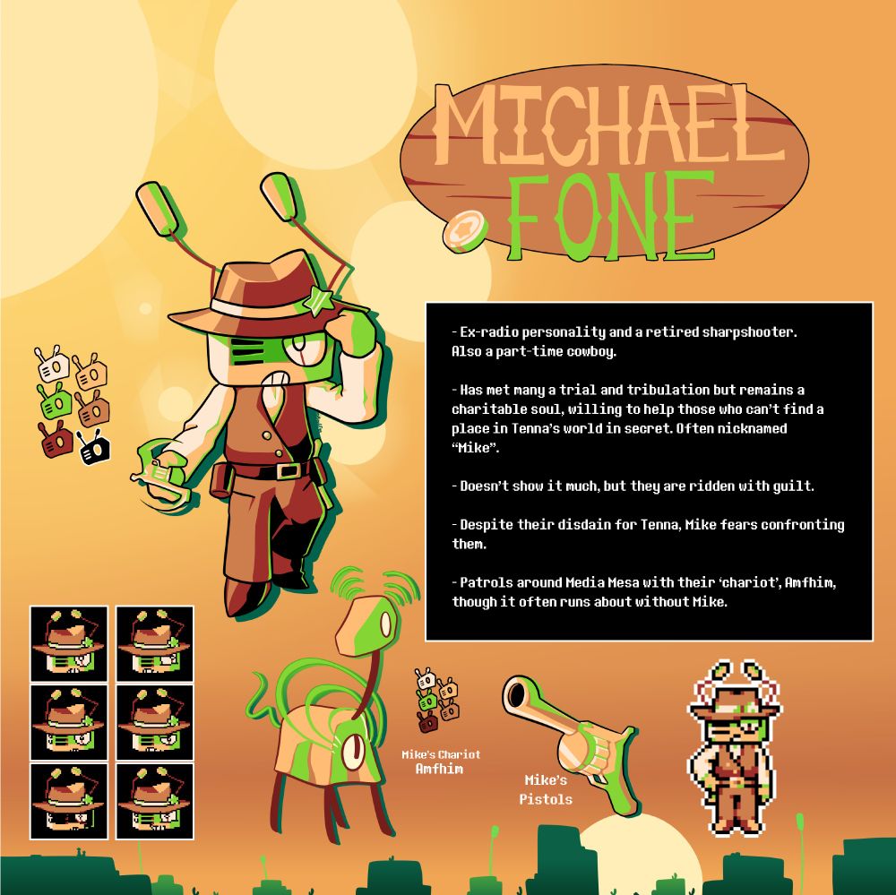 Ref sheet for my "Mike" design, named Michael Fone. Wears a brown cowboy suit and carries two golden pistols. Their hat has a small green star on top. Their head is a radio and also has two antennae sticking up.