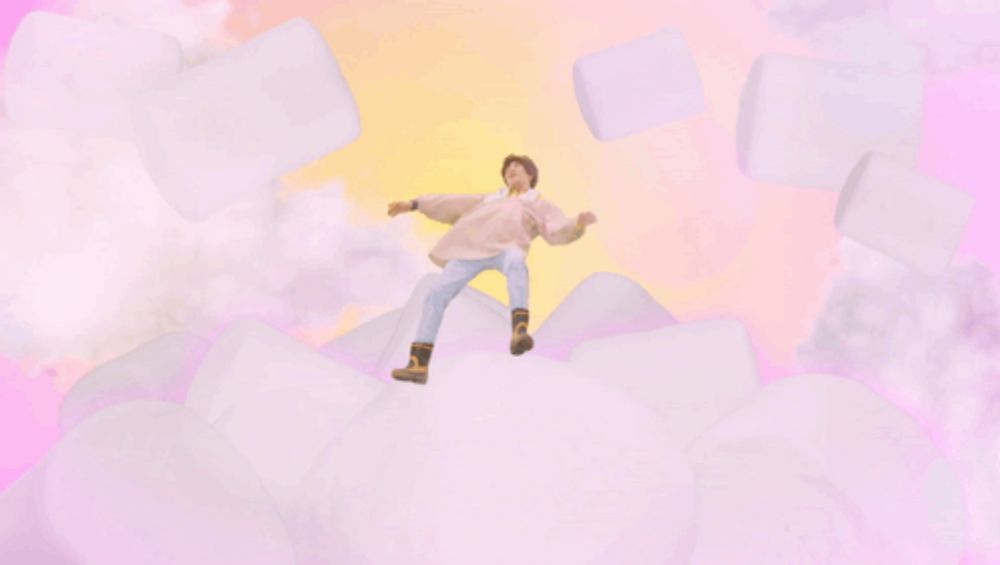 a cartoon of a person flying through the air with a marshmallow in the background