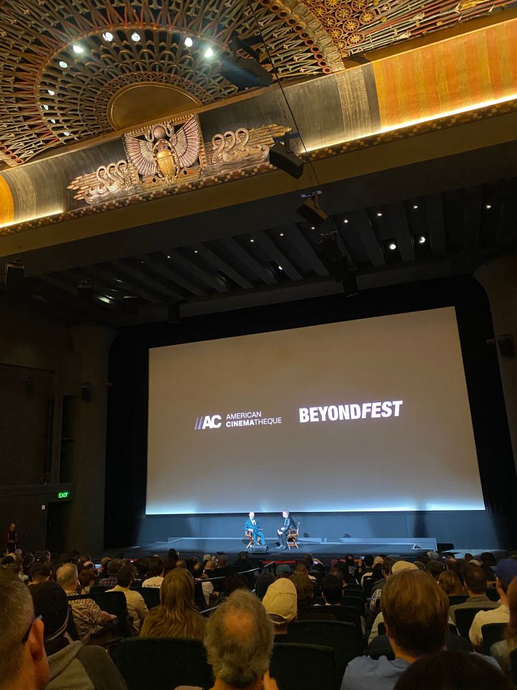 John Woo in a Q&A under the Egyptian Theater’s screen