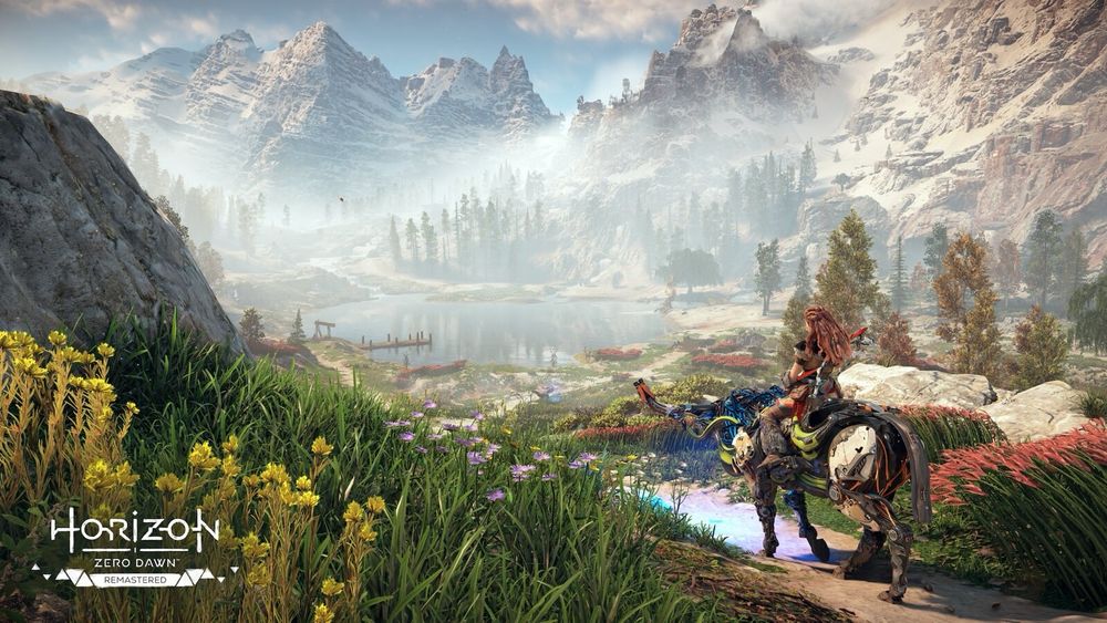 Horizon zero dawn screenshot showing Aloy riding a machine through a valley 