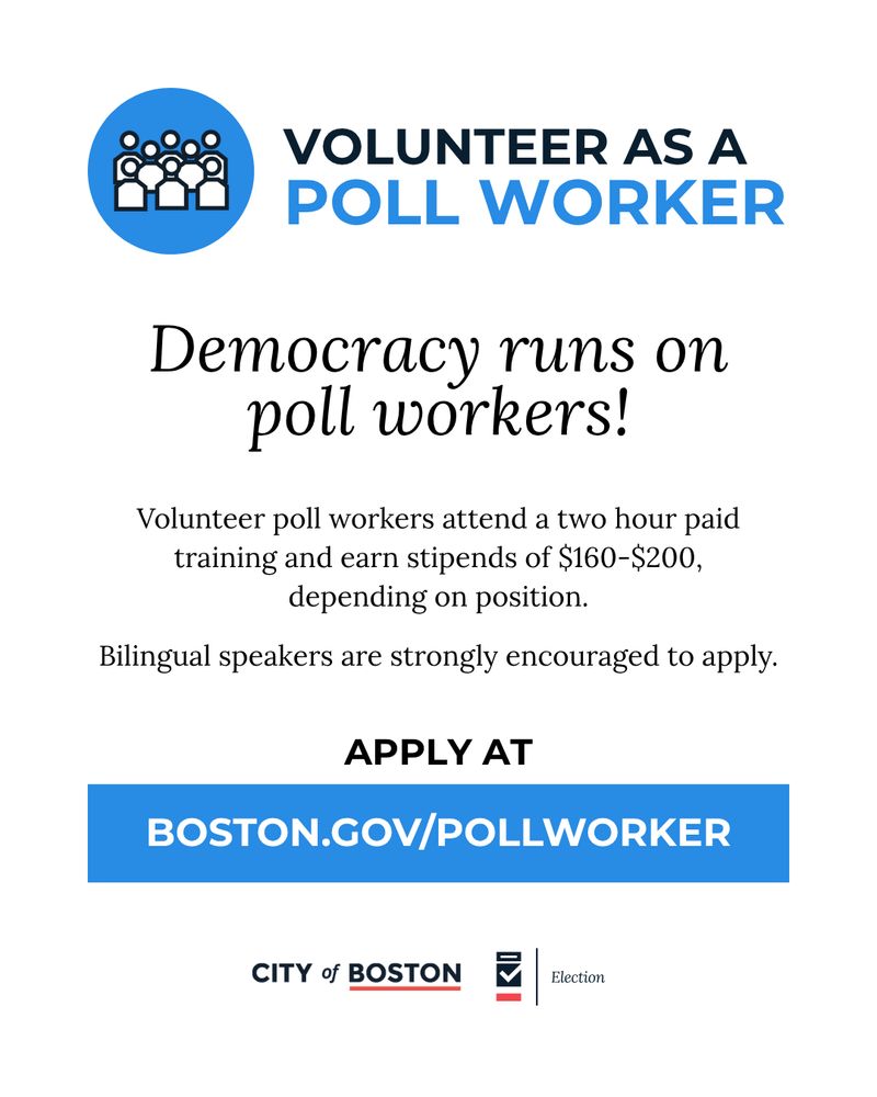 Graphic with text: Volunteer as a Poll Worker. Democracy runs on poll workers!