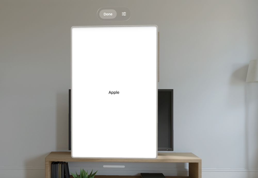 Extra Large Portrait widget showing "Apple" in visionOS simulator