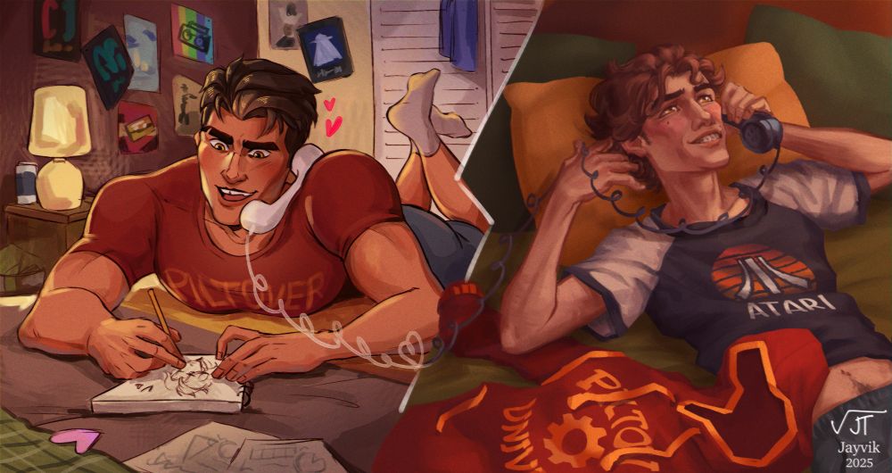 A picture in warm tones of Jayce and Viktor in 1980's setting talking over the telephone. Jayce is laying on his belly on the bed in the room full of posters, holding telephone with his shoulder and sketching Viktor in his notebook. He is smiling and looking exited. Viktor is laying on his bed with dreamy expression, his cheeks are flushed and he is almost winding the wire around his fingers. Telephone wire between them is twisted in heart shape