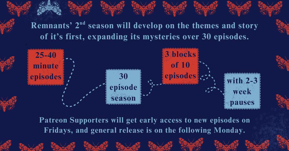 Remnants’ 2nd season will develop on the themes and story of it’s first, expanding its mysteries over 30 episodes.

- 25-40 minute episodes
- 30 episode season
- 3 blocks of 10 episodes
- with 2-3 week pauses

Patreon Supporters will get early access to new episodes on Fridays, and general release is on the following Monday.