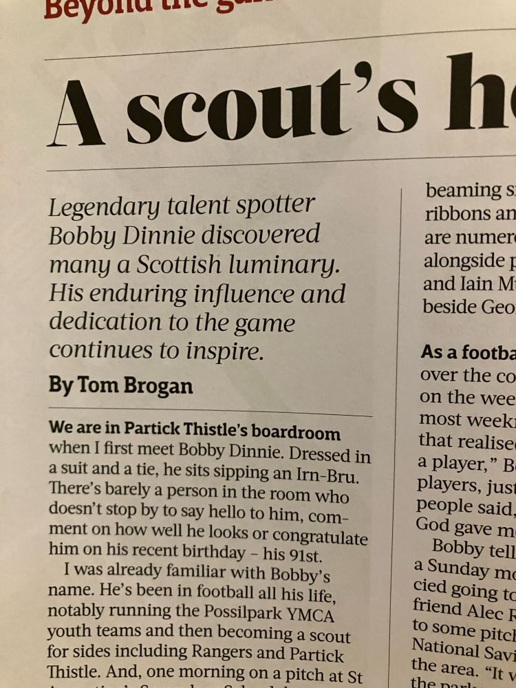 The opening paragraph of an article by Tom Brogan on Bobby Dinnie.
