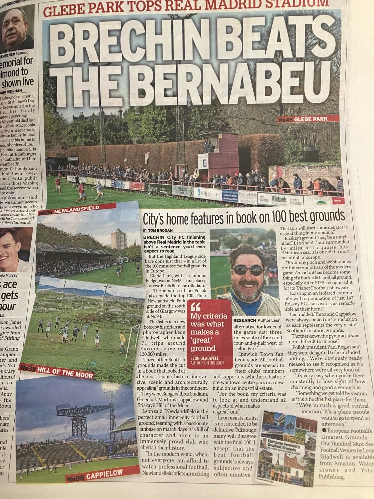 A page from the Daily Record with the headline Brechin Beats the Bernabeu. The article is on a new book about 100 must see football grounds in Europe.