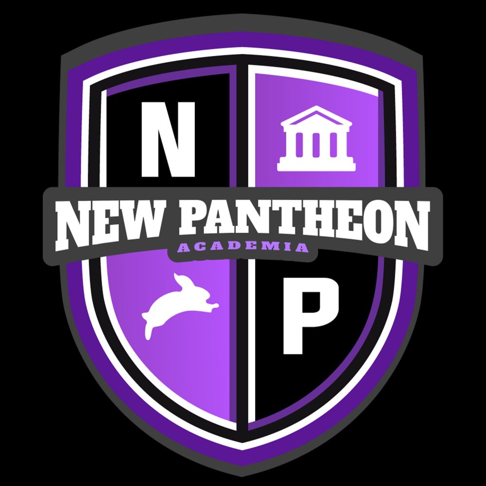 The school crest of North Point Academy - the fictional high school in the Actual Play RPG series New Pantheon: Academia. It's purple, black and white and features an N and P in the upper left and lower right respectively, and a classical parthenon building and a rabbit in the upper right and lower left respectively.