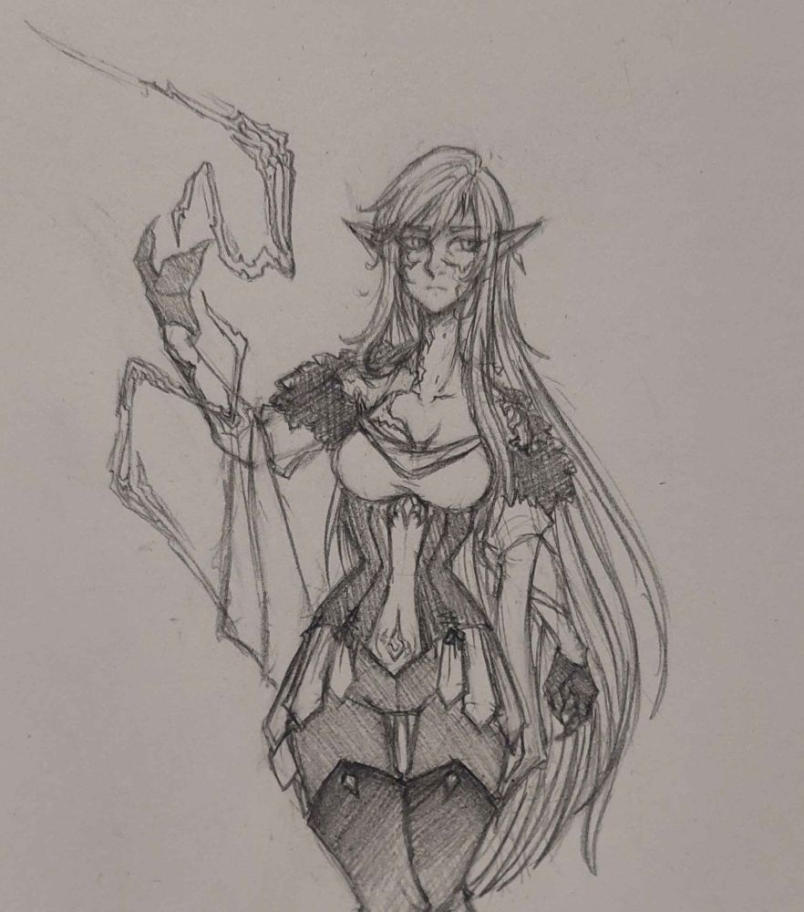 Adhara, a female-high elf. She has long brown hair and the "scar" like marks are actually draconic scales she's slowly gained over time due to her bloodline.