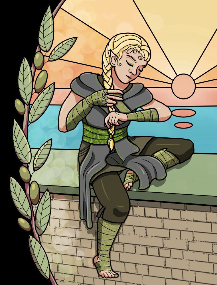 The image shows a line art drawing of a young woman dressed in green and grey robes. She has long blond hair worn in a plait. She is sitting on a brick wall with a sunrise over the sea behind her. On the left is an olive branch motif.