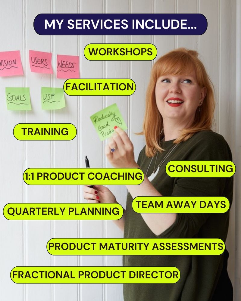 "My services include... workshops, facilitation, 1:1 product coaching, team away days, quarterly planning, consulting, product manager & agile training, product & service maturity assessments, fractional product director". against a backgrounf of me smiling, looking away at someone else, holding up a post-it behind a vision board wall of post-its