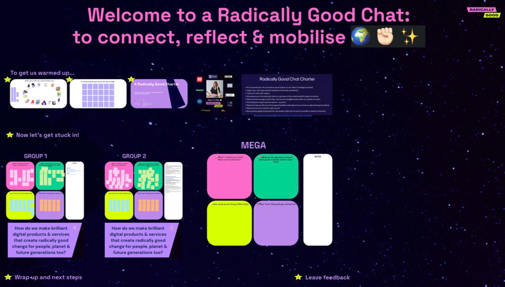 A Miro board titled “Welcome to a Radically Good Chat: to connect, reflect & mobilise” in bright pink, a retrospective board with neon yellow, purple and green post it’s on a midnight starry blue background 