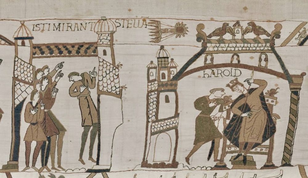 Halley's Comet as depicted on the Bayeux Tapestry*.

*OK, it's an embroidery, but it's not like we spilt hairs in Wülferhampton...