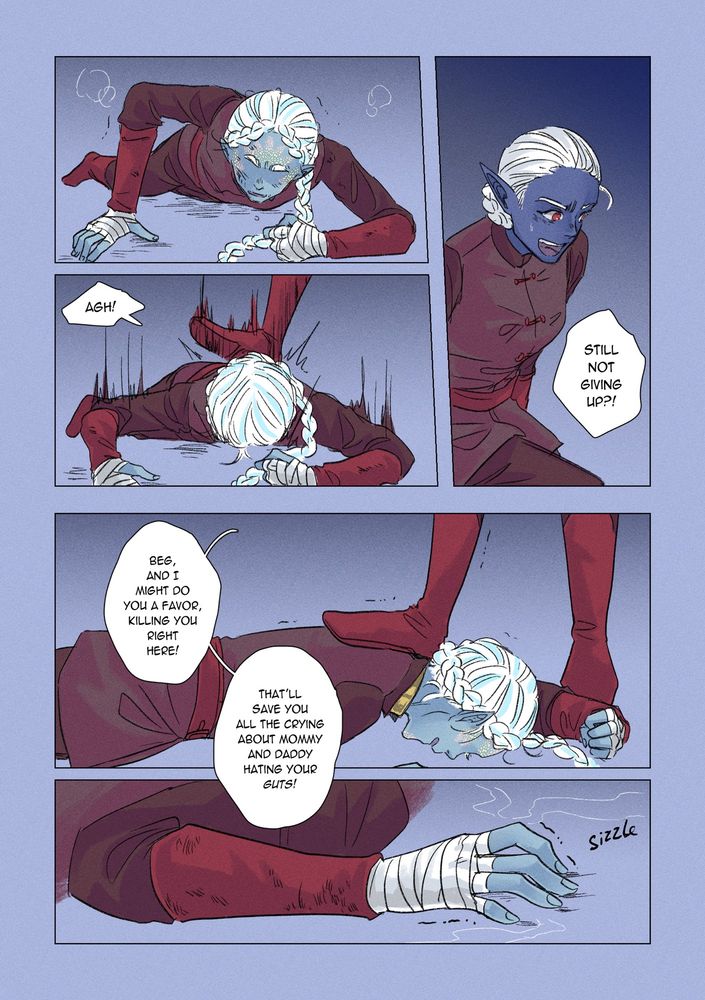 Page 2. The half-drow tries to sit up, but is stomped back onto the ground with the older girl's boot on her neck. The older girl taunts: "Still not giving up? Beg, and I might do you a favor, killing you right here! That'll save you all the crying about mommy and daddy hating your guts!" The half-drow is trembling on the ground, her hand sizzling.
