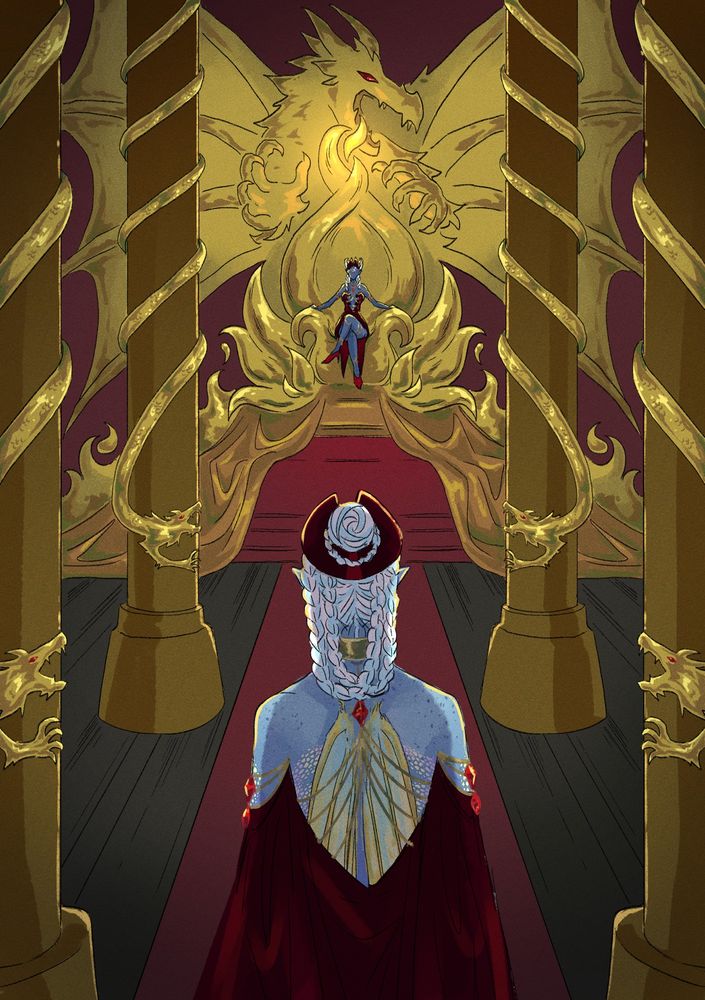 Page 7. The half-drow steps inside, on a red carpet, flanked on both sides by great pillars decorated with curling golden dragons. Before her is the queen's throne, pure gold, also in the image of a golden dragon nursing a great flame. The scene is shot from behind the half-drow, and her backless dress shows off vestigial wings: golden, delicate and likely useless.