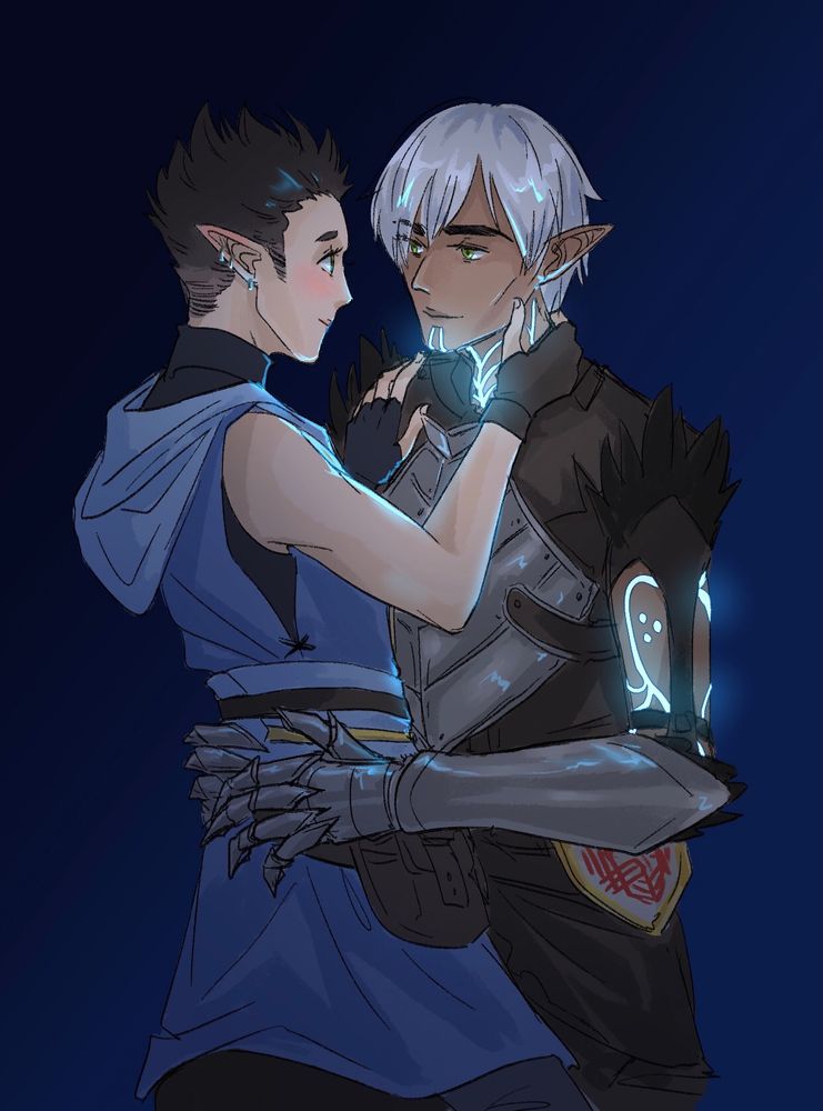 Delos, a younger male elf with short spiky brown hair, sits in Fenris's lap, gently caressing his cheek. Fenris holds his waist with both hands and smiles faintly, his Lyrium brand glowing in the dark.
