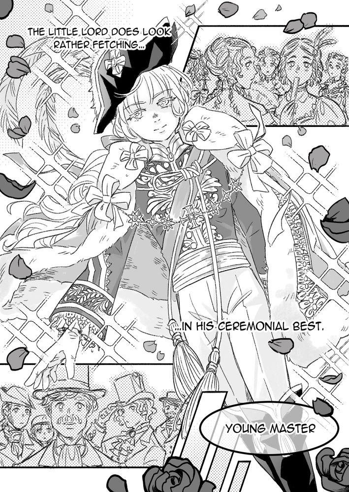 page 1: a young Valentine makes his entrance in his ceremonial marquess outfit, all eyes on him. The page is overlaid with Lucien's inner monologue: "The little lord does look rather fetching in his ceremonial best."