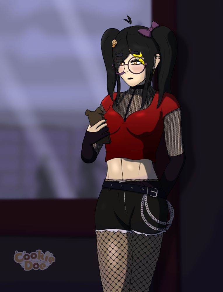 Illustration of a black haired girl leaning against the wall in front of a store looking at her phone, wearing a goth outfit with shorts, a red top, fishnets, and her hair up in twin tails.