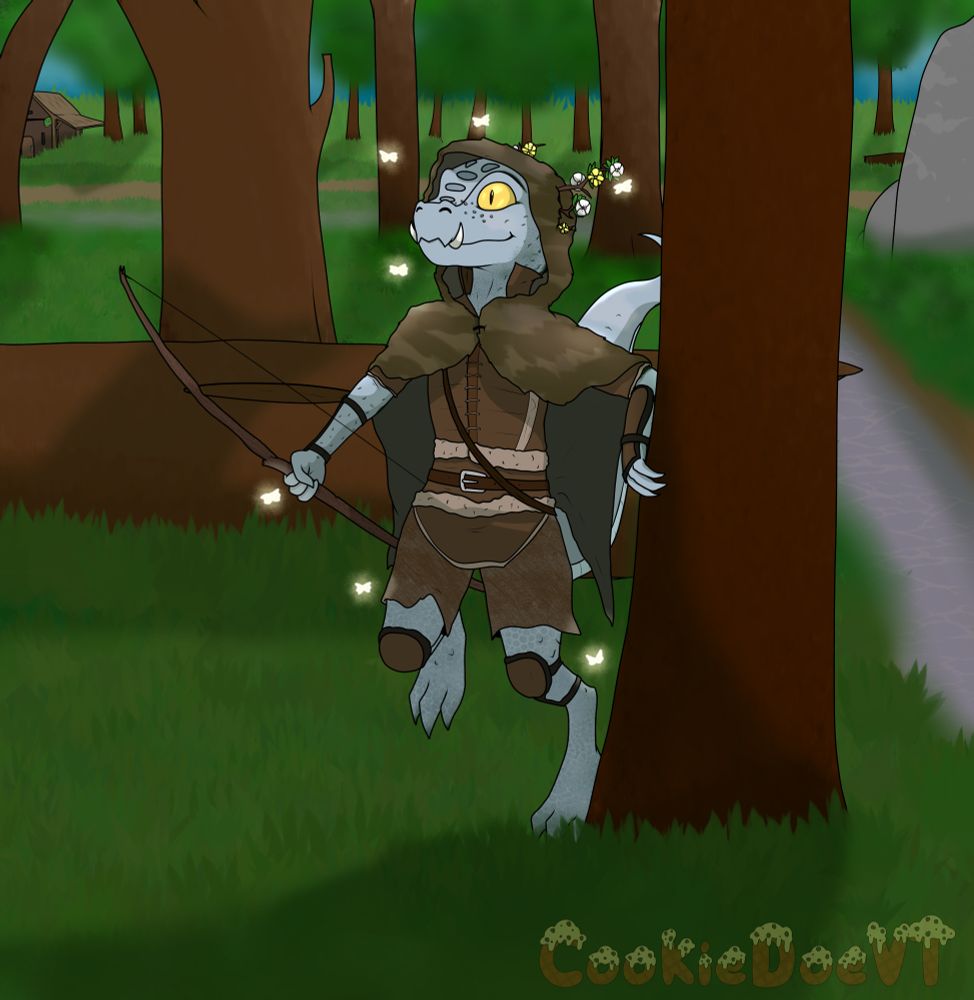 Illustration of a blueish Kobald (Reptillian humanoid) character wearing pelt armor and flowers in hits horns as it walks through the forest