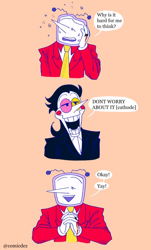 Tenna is holding the side of his head, seeming distressed as he asks "Why is it hard for me to think?" noticeably he has the thorn ring on his hand, and its bleeding because of it 

Spamton is very nonchalant as he responds "Don't worry about it [cathode]"

Tenna smiles and clasps his hands together, saying "Okay! Yay!" unaware that his hand continues bleeding