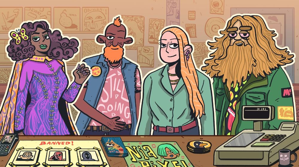 Screenshot of some new characters polished for Wax Heads inside the game's interface inside a record store behind the workng counter and cash register. The characters left to right: "Rita Butterfly" a drag queen in a sequin dress with a butterfly hairpin and cloak, "Rod", old school punk rocker in ripped denim jacket and punk tshirt with orange beard, "Kelsey" a socialite, in a boojee turquoise shirt and "Mike", post-rock lover in big army camo jacket with band patches all over it and big tustled, long flowing hair and beard.