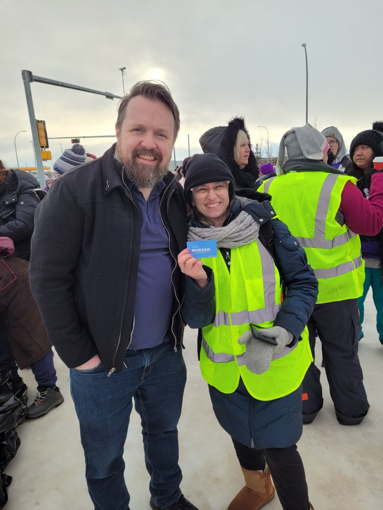 Jon with Educational Assistants on the picket lines at Dr Elder Francis Whiskeyjack School in Edmonton.
