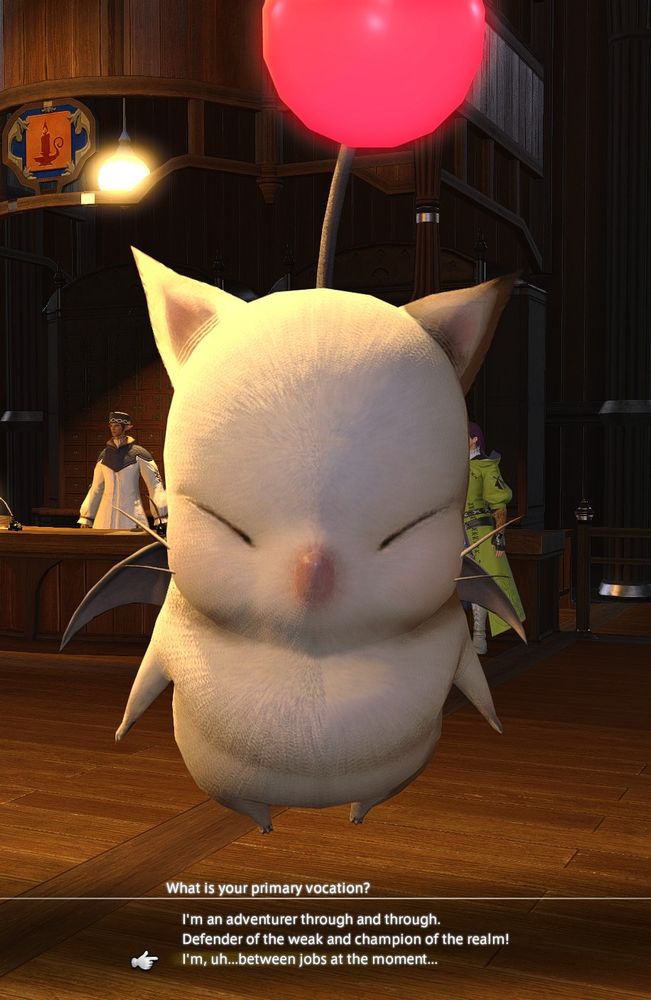 A screenshot of a moogle from FFXIV asking "What is your primary vocation?" with the selected player answer "I'm, uh...between jobs at the moment..."