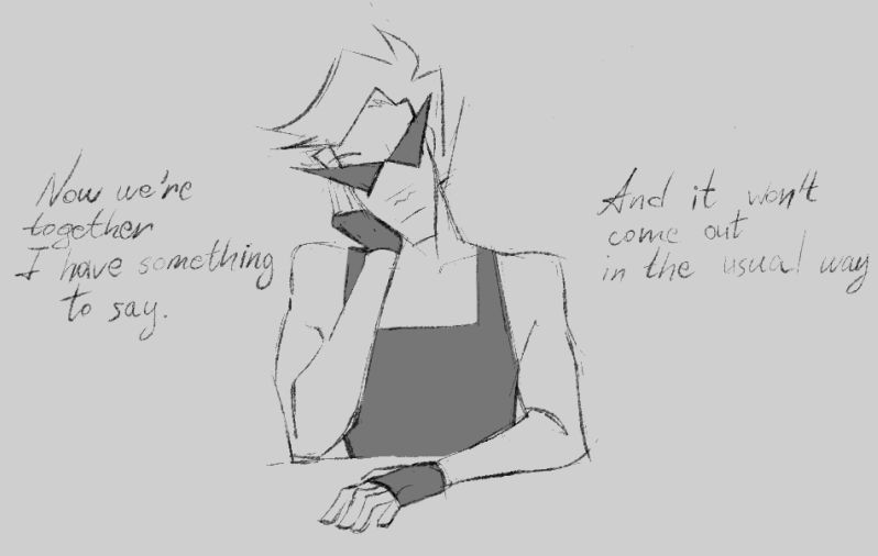 Dirk leans on his hand, with lyrics from the song You by Peter Blood around him.