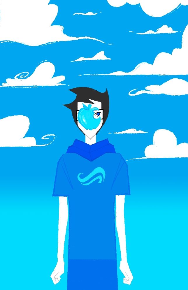 The character John Egbert from Homestuck is depicted with an apple hovering in front of his face, obscuring most of his features except for one eye, which is visible behind the bitten portion of the apple. This imagery draws inspiration from the renowned painting "The Son of Man" by the Belgian surrealist artist René Magritte.