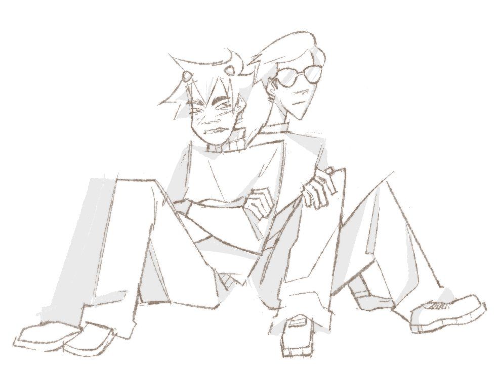 Karkat and Dave from Homestuck sit comfortably on the floor, the atmosphere between them relaxed yet charged with their unique dynamic. Karkat leans into Dave, his body language revealing a blend of mild annoyance and shyness, with his arms crossed defensively across his chest. His expression is a complex mix of emotions, showcasing his typical grumpiness while also hinting at a deeper connection. On the other hand, Dave maintains his usual stoic demeanor, his right hand resting casually on his knee while the other is planted firmly on the floor. Despite their contrasting personalities, it’s clear they genuinely enjoy each other's company, finding comfort in the space they share, undefined by any expectations.