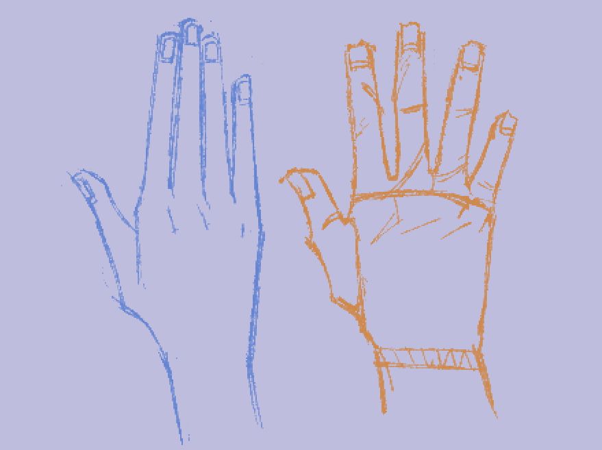 Hands. Dirk has rough and calloused wide fingers, also wears fingerless gloves. John's hands are very clean, and his fingers are long because he's a pianist.