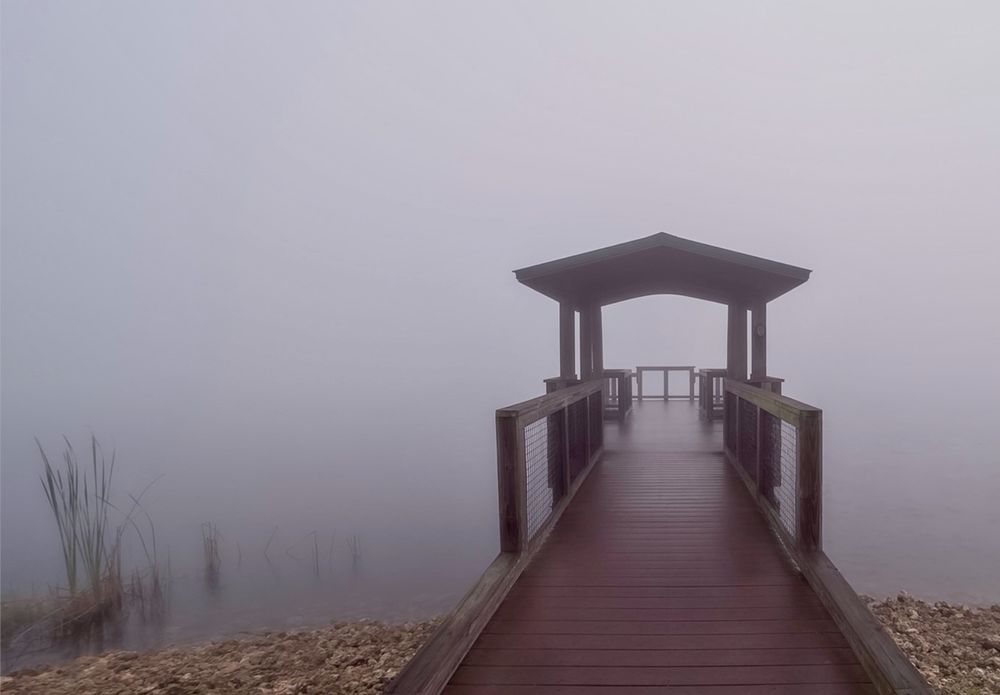 Viewing dock at Babcock-Webb Wildlife Management Area, on the edge of the water, facing into heavy fog. 