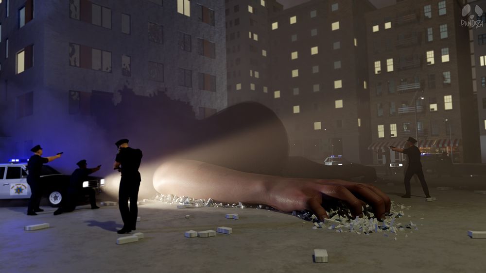 A night scene in a city. A giant woman lies face down on the ground emerging from a hole in the building behind her from which she has just erupted in a growth spurt. There is rubble underneath her hard and hands. She is surrounded by cops who have their weapons drawn. She is large enough that her hand could swat the effortlessly. The scene is illuminated by the lights of the police cars.