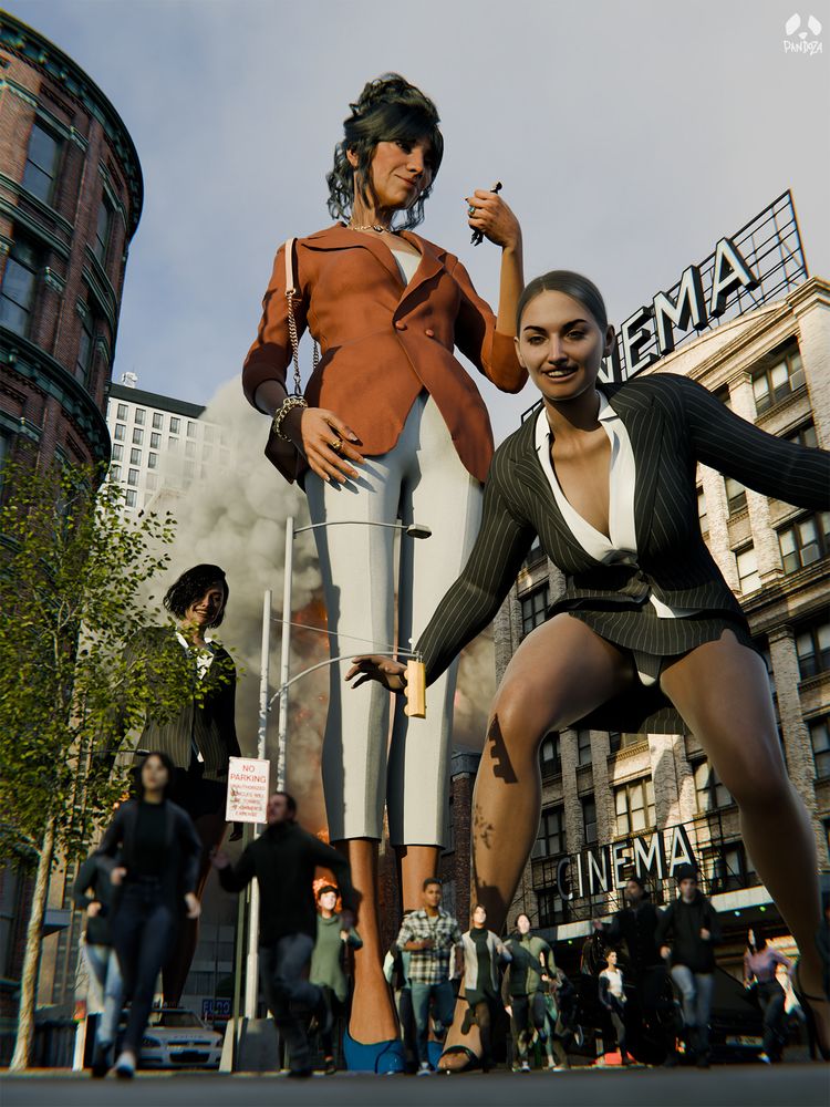 A low angle camera shot at street level looking across a road and up at Isabella, a mature giantess with dark hair, who stands in the street holding a man in her grip. He looks about 4-5 inches tall to her and she can easily see over the 7/8 storey buildings around her. She is dressed in a trouser suit with a terracotta blazer and white shirt and trousers. She has gold jewelry and has an expensive looking handbag. and blue high heels. In front and behind her are younger giantesses with dark hair who wear black pinstripe skirt suits. They are about half the height of Isabella, the mob boss who directs them. A crowd of people in the street are running from them, towards the camera. There is an overturned landrover almost hidden by the crowds. 