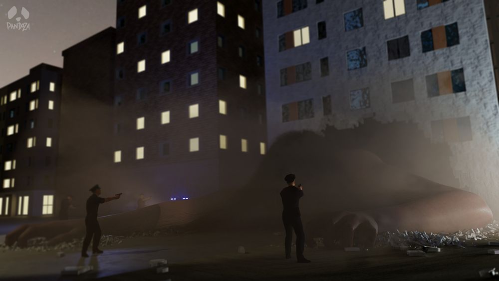 A night scene in a city. A giant woman lies face down on the ground emerging from a hole in the building behind her from which she has just erupted in a growth spurt. There is rubble underneath her hard and hands. She is surrounded by cops who have their weapons drawn. She is large enough that her hand could swat the effortlessly. The scene is illuminated by the lights of the police cars.