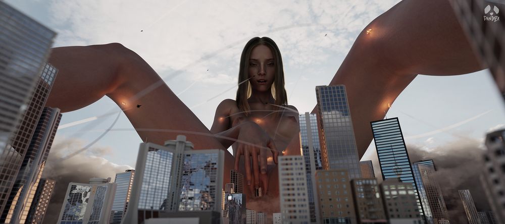 A panoramic view from between the legs of a very large giantess as she inserts a skyscraper into her vagina. It is smaller than one of her fingers. In the foreground are lots of skyscrapers and dust clouds. She is being peppered with missiles and explosions. Several jets flay around her. She is slim and has shoulder length straight blonde hair.