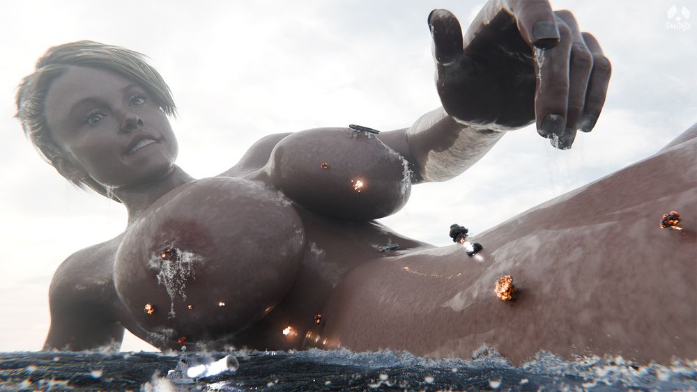 An image of a giantess in rough seas. She is sitting up as the waves break against her side and water pors from her body. She is white and has blode hair and large fake boobs. There are a fleet of tiny warships firing on her and explosions pepper her side. 