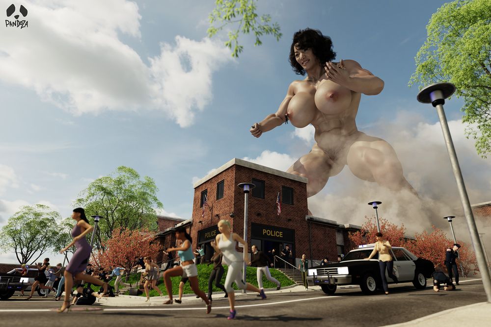 An east asian woman with messy black hair stands in a cloud of dust as she has just grown through the roof of a police station. She is approx 150-200ft tall. Her muscles have grown to massive proportions, as large as any bodybuilder. Her breasts have also grown to a massive size, proportionally the size of large watermelons. She holds some cops in her hands and one is clinging to her nipple. The camera view is from the street and crowds of people are fleeing past.