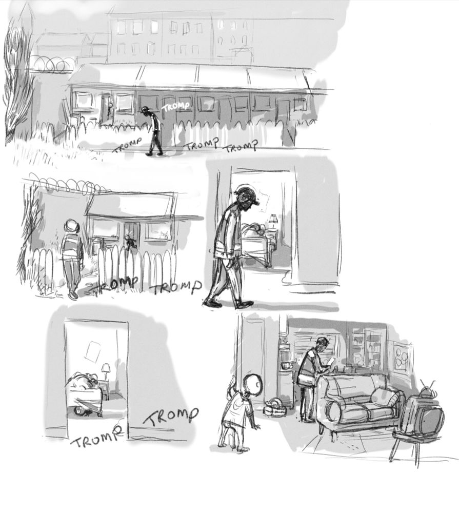 Rough pen and ink layout of graphic novel page. A moonlight night, a man in construction gear trudges to the last in a cul-de-sac of run down cottages. A small dark figure within the cottage reacts in alarm to his approach. The man passes a bedroom where a child sleeps. The small dark figure peers from under the bed. In the gloomy kitchen the man reads a letter, the small figure watches from around the bedroom door