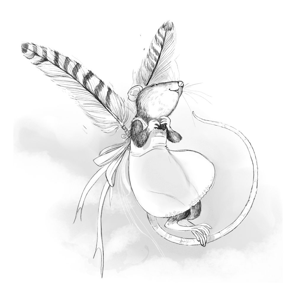 A mouse in a white cotten nighty flutters through hazy clouds. Her wings are two jay feathers tied to her shoulders with thin ribbon, the loops of which dangle behind her