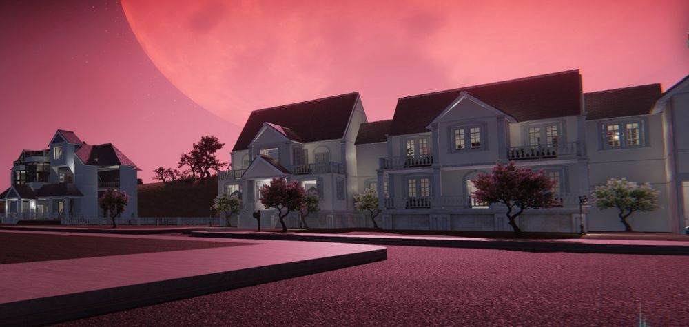a picture of a street with two houses. a smaller victorian house with purple roofs and a white exterior with a orange tree is to the left. what’s taking up most of the picture is a victorian house, also with white exterior and purple roofs. there’s two houses interconnected with each other. on the very side of the screen, also connected to the house, is a garage with the door open. this has white trees and orange trees around the property. the sky is red with a large blood red moon (taking up most of the sky)