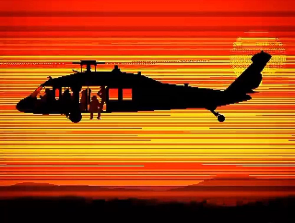 a helicopter is flying in the sky at sunset with a man standing in the cockpit .